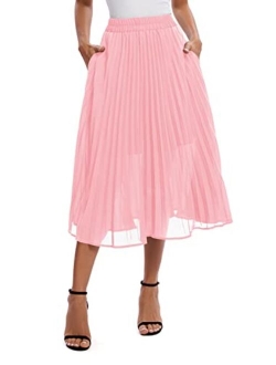 Women's Elastic High Wasit Pleated Skirt Woven Casual Midi Swing Skirt