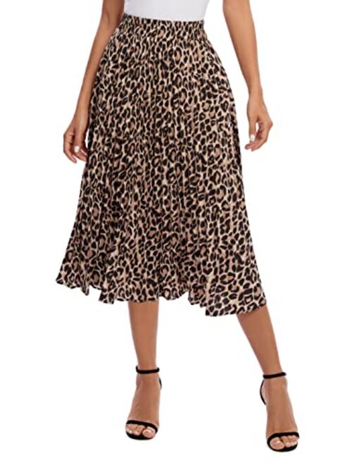 Urban CoCo Women's Elastic High Wasit Pleated Skirt Woven Casual Midi Swing Skirt