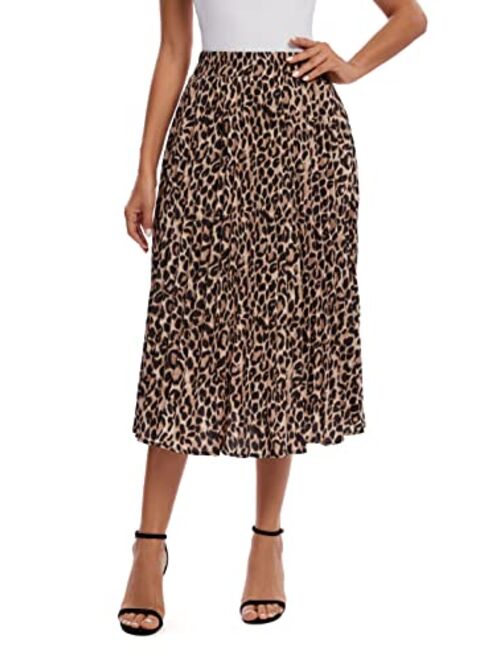 Urban CoCo Women's Elastic High Wasit Pleated Skirt Woven Casual Midi Swing Skirt