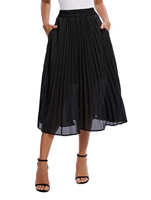 Urban CoCo Women's Elastic High Wasit Pleated Skirt Woven Casual Midi Swing Skirt