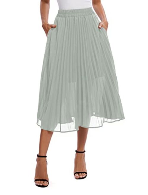 Urban CoCo Women's Elastic High Wasit Pleated Skirt Woven Casual Midi Swing Skirt