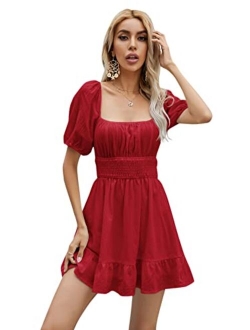 Women's Short Puff Sleeve Square Neck A Line Mini Dress Ruffle Shirred Tie Back Short Dresses