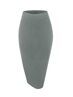 Women's Elastic Waist Knitted Split Tube Pencil Midi Skirt