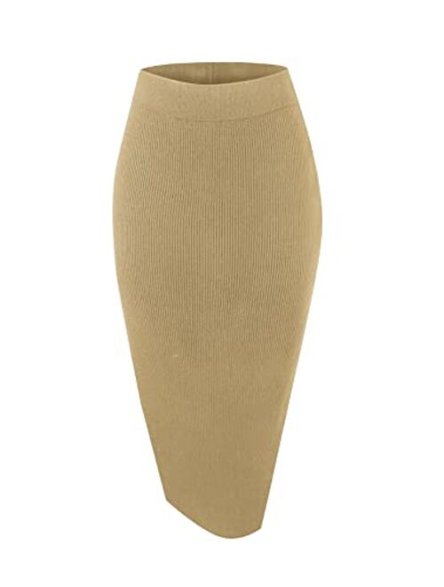 Urban CoCo Women's Elastic Waist Knitted Split Tube Pencil Midi Skirt