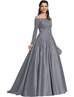 Tianzhihe Women's Long Sleeve Off Shoulder Prom Dresses Long Satin Lace Wedding Dress Formal Party Dress