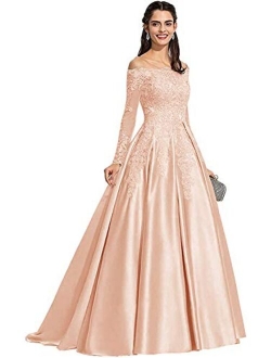 Tianzhihe Women's Long Sleeve Off Shoulder Prom Dresses Long Satin Lace Wedding Dress Formal Party Dress