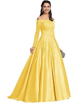 Tianzhihe Women's Long Sleeve Off Shoulder Prom Dresses Long Satin Lace Wedding Dress Formal Party Dress