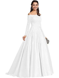 Tianzhihe Women's Long Sleeve Off Shoulder Prom Dresses Long Satin Lace Wedding Dress Formal Party Dress