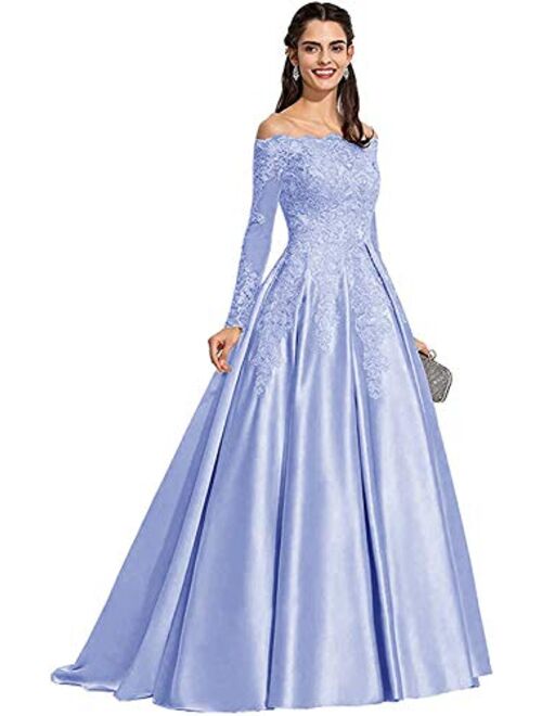 Tianzhihe Women's Long Sleeve Off Shoulder Prom Dresses Long Satin Lace Wedding Dress Formal Party Dress