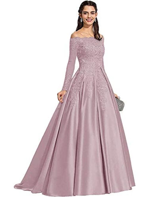 Tianzhihe Women's Long Sleeve Off Shoulder Prom Dresses Long Satin Lace Wedding Dress Formal Party Dress