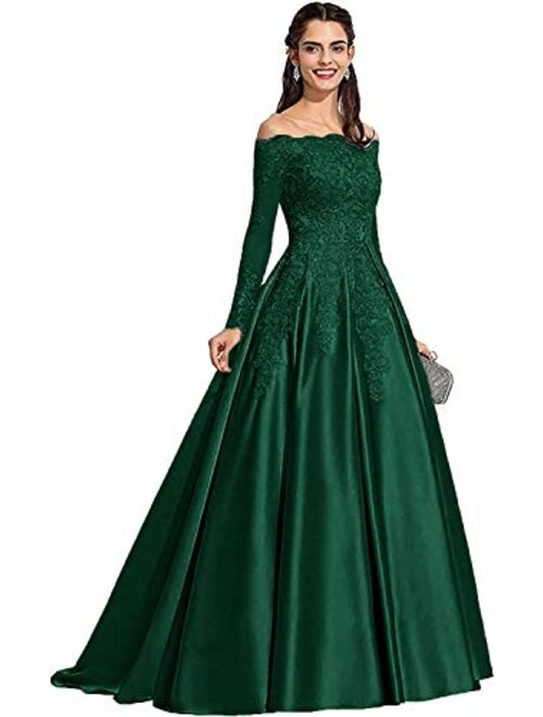 Tianzhihe Women's Long Sleeve Off Shoulder Prom Dresses Long Satin Lace Wedding Dress Formal Party Dress