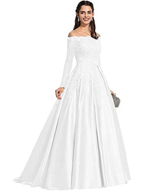 Tianzhihe Women's Long Sleeve Off Shoulder Prom Dresses Long Satin Lace Wedding Dress Formal Party Dress