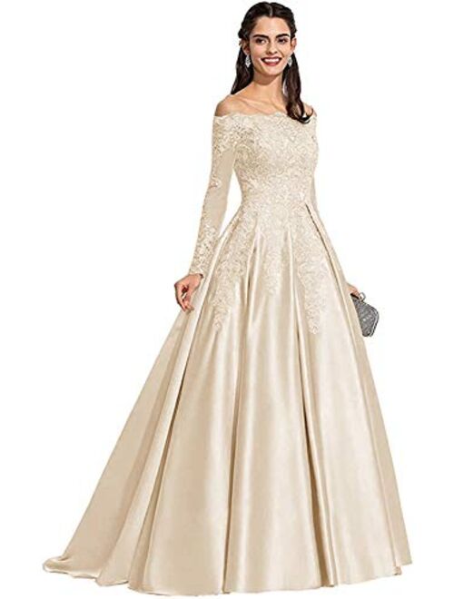 Tianzhihe Women's Long Sleeve Off Shoulder Prom Dresses Long Satin Lace Wedding Dress Formal Party Dress