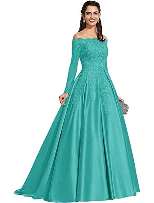 Tianzhihe Women's Long Sleeve Off Shoulder Prom Dresses Long Satin Lace Wedding Dress Formal Party Dress