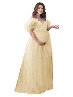 Tianzhihe Off Shoulder Maternity Dress Photoshoot Ruffle Tulle Prom Dress Maxi Party Gown