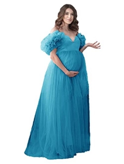 Tianzhihe Off Shoulder Maternity Dress Photoshoot Ruffle Tulle Prom Dress Maxi Party Gown