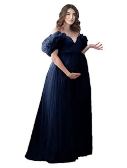 Tianzhihe Off Shoulder Maternity Dress Photoshoot Ruffle Tulle Prom Dress Maxi Party Gown