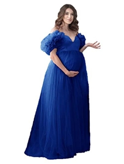 Tianzhihe Off Shoulder Maternity Dress Photoshoot Ruffle Tulle Prom Dress Maxi Party Gown