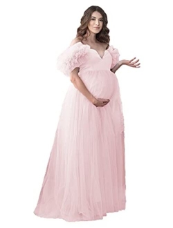 Tianzhihe Off Shoulder Maternity Dress Photoshoot Ruffle Tulle Prom Dress Maxi Party Gown