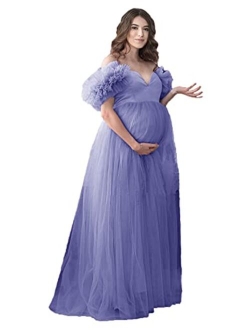 Tianzhihe Off Shoulder Maternity Dress Photoshoot Ruffle Tulle Prom Dress Maxi Party Gown