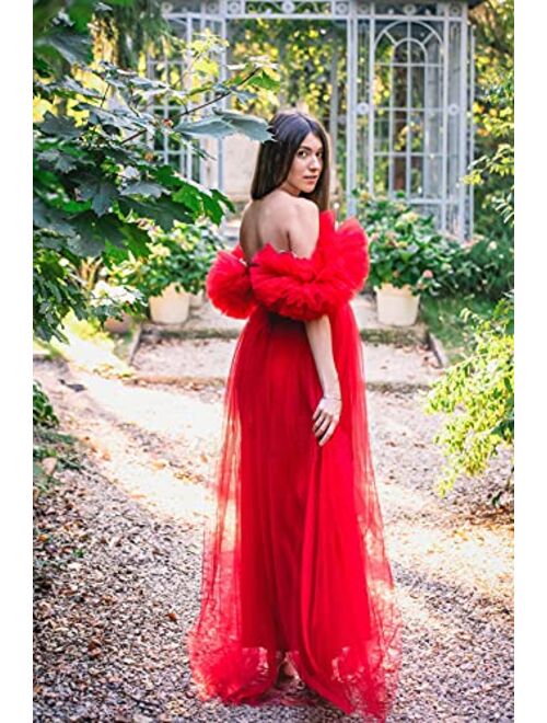 Tianzhihe Off Shoulder Maternity Dress Photoshoot Ruffle Tulle Prom Dress Maxi Party Gown