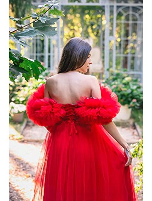Tianzhihe Off Shoulder Maternity Dress Photoshoot Ruffle Tulle Prom Dress Maxi Party Gown
