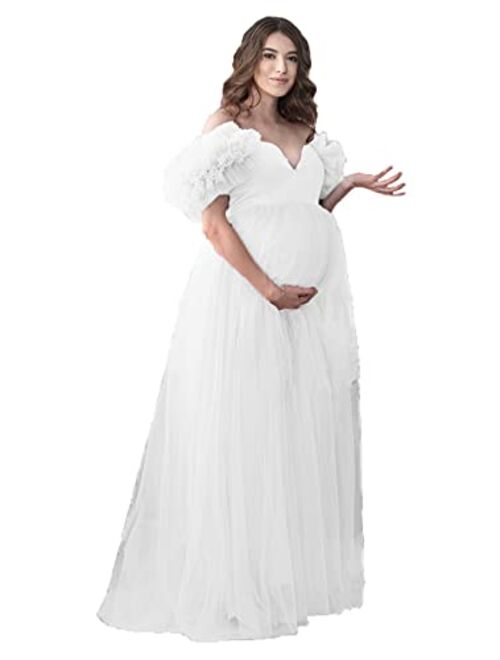 Tianzhihe Off Shoulder Maternity Dress Photoshoot Ruffle Tulle Prom Dress Maxi Party Gown