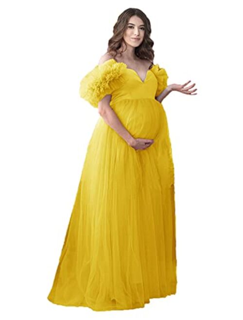 Tianzhihe Off Shoulder Maternity Dress Photoshoot Ruffle Tulle Prom Dress Maxi Party Gown