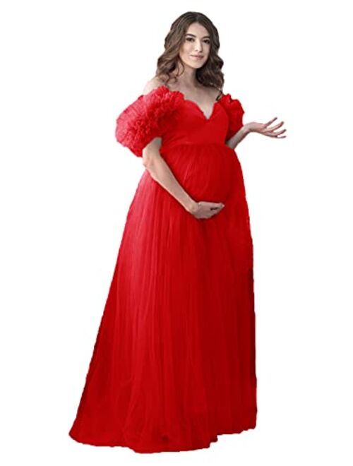 Tianzhihe Off Shoulder Maternity Dress Photoshoot Ruffle Tulle Prom Dress Maxi Party Gown