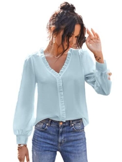 Women's V Neck Ruffle Trim Puff Long Sleeve Chiffon Blouse Solid Top Shirt