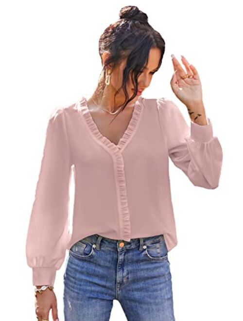 SheIn Women's V Neck Ruffle Trim Puff Long Sleeve Chiffon Blouse Solid Top Shirt