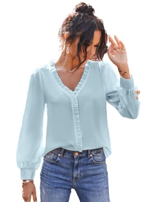 SheIn Women's V Neck Ruffle Trim Puff Long Sleeve Chiffon Blouse Solid Top Shirt