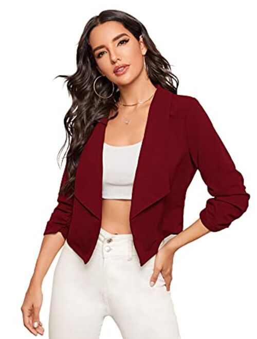 SheIn Women's Shawl Collar Ruched 3/4 Sleeve Crop Blazer Open Front Jacket Coat