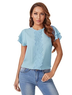 Women's Summer Ruffle Short Sleeve Lace Chiffon Blouse Workwear Top Shirts