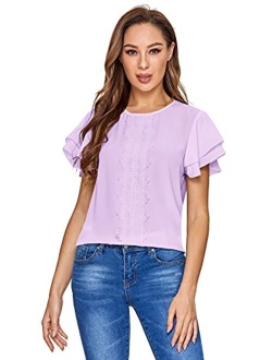 Women's Summer Ruffle Short Sleeve Lace Chiffon Blouse Workwear Top Shirts