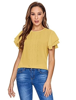 Women's Summer Ruffle Short Sleeve Lace Chiffon Blouse Workwear Top Shirts