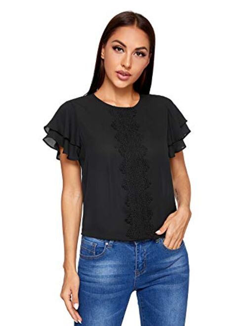 SheIn Women's Summer Ruffle Short Sleeve Lace Chiffon Blouse Workwear Top Shirts