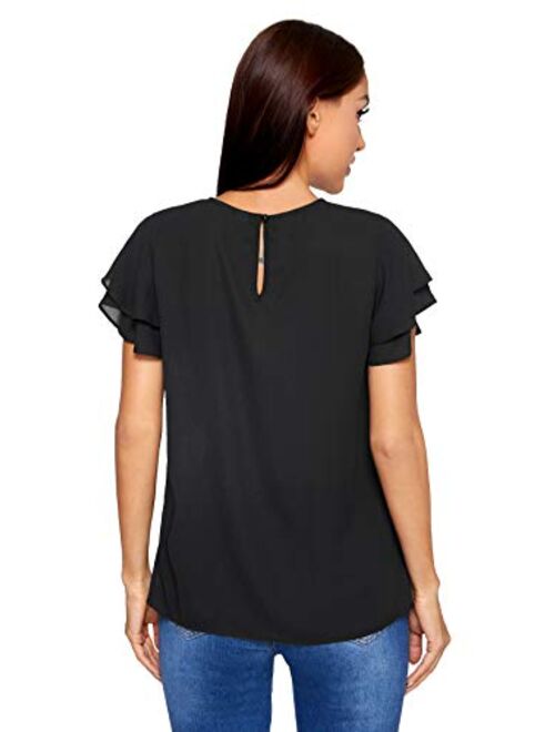 SheIn Women's Summer Ruffle Short Sleeve Lace Chiffon Blouse Workwear Top Shirts