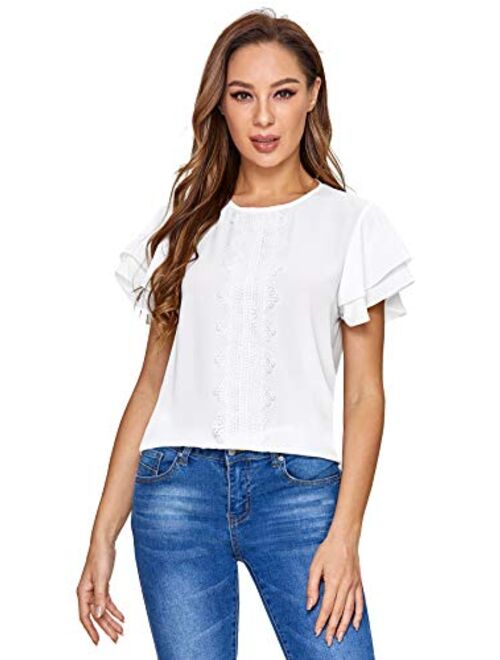 SheIn Women's Summer Ruffle Short Sleeve Lace Chiffon Blouse Workwear Top Shirts