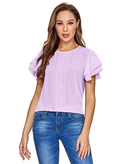 SheIn Women's Summer Ruffle Short Sleeve Lace Chiffon Blouse Workwear Top Shirts