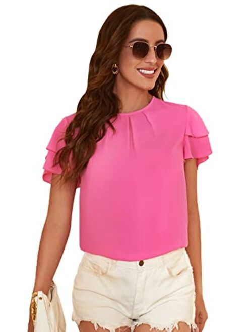 SheIn Women's Summer Ruffle Short Sleeve Lace Chiffon Blouse Workwear Top Shirts