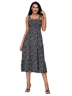 Women's Sleeveless Straps Shirred Floral Print Ruffle Flare A Line Midi Dress