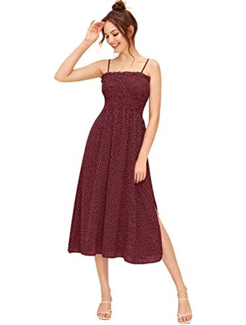 SheIn Women's Sleeveless Straps Shirred Floral Print Ruffle Flare A Line Midi Dress