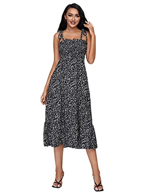 SheIn Women's Sleeveless Straps Shirred Floral Print Ruffle Flare A Line Midi Dress