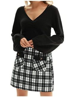 Women's High Waist Mini Skirt Tweed A-Line Pencil Skirt with Pocket