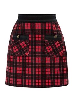 Women's High Waist Mini Skirt Tweed A-Line Pencil Skirt with Pocket