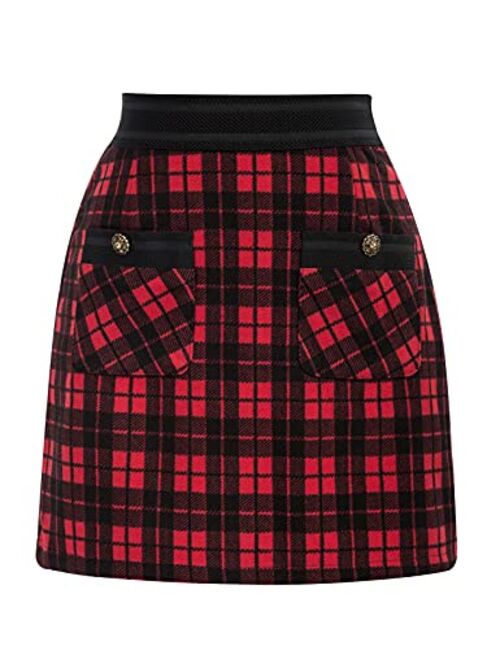 Belle Poque Women's High Waist Mini Skirt Tweed A-Line Pencil Skirt with Pocket