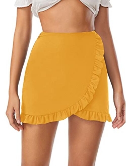 Women's Mid Waist Ruffle Wrap Skorts Asymmetrical Plain Skirt Shorts