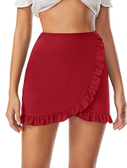 Women's Mid Waist Ruffle Wrap Skorts Asymmetrical Plain Skirt Shorts