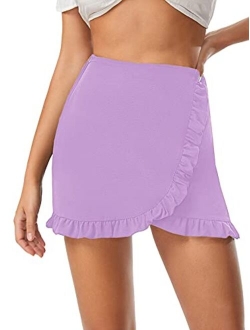 Women's Mid Waist Ruffle Wrap Skorts Asymmetrical Plain Skirt Shorts